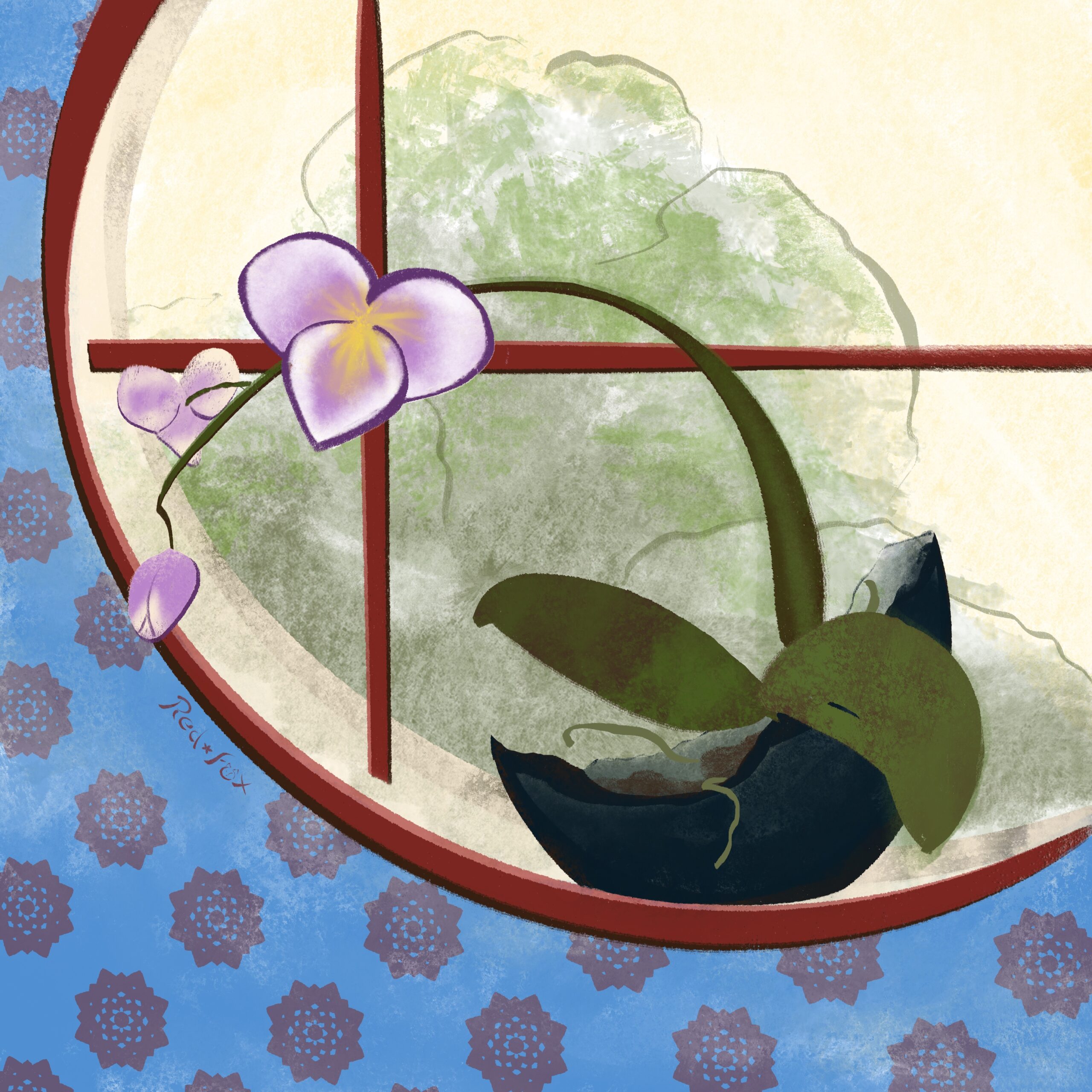 painting of an orchid on a windowsill