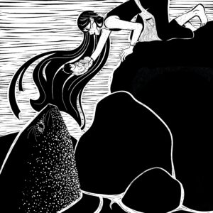 woman showing a seal her baby (selkie legend)