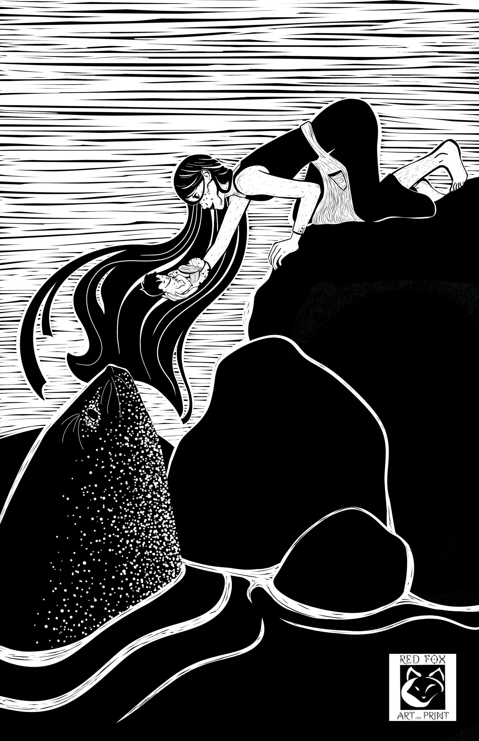 woman showing a seal her baby (selkie legend)