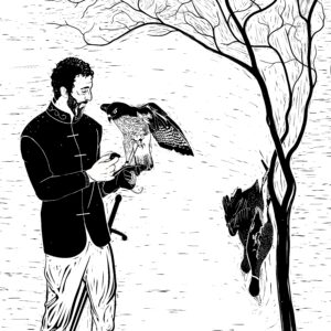 man hunting with falcon for ducks