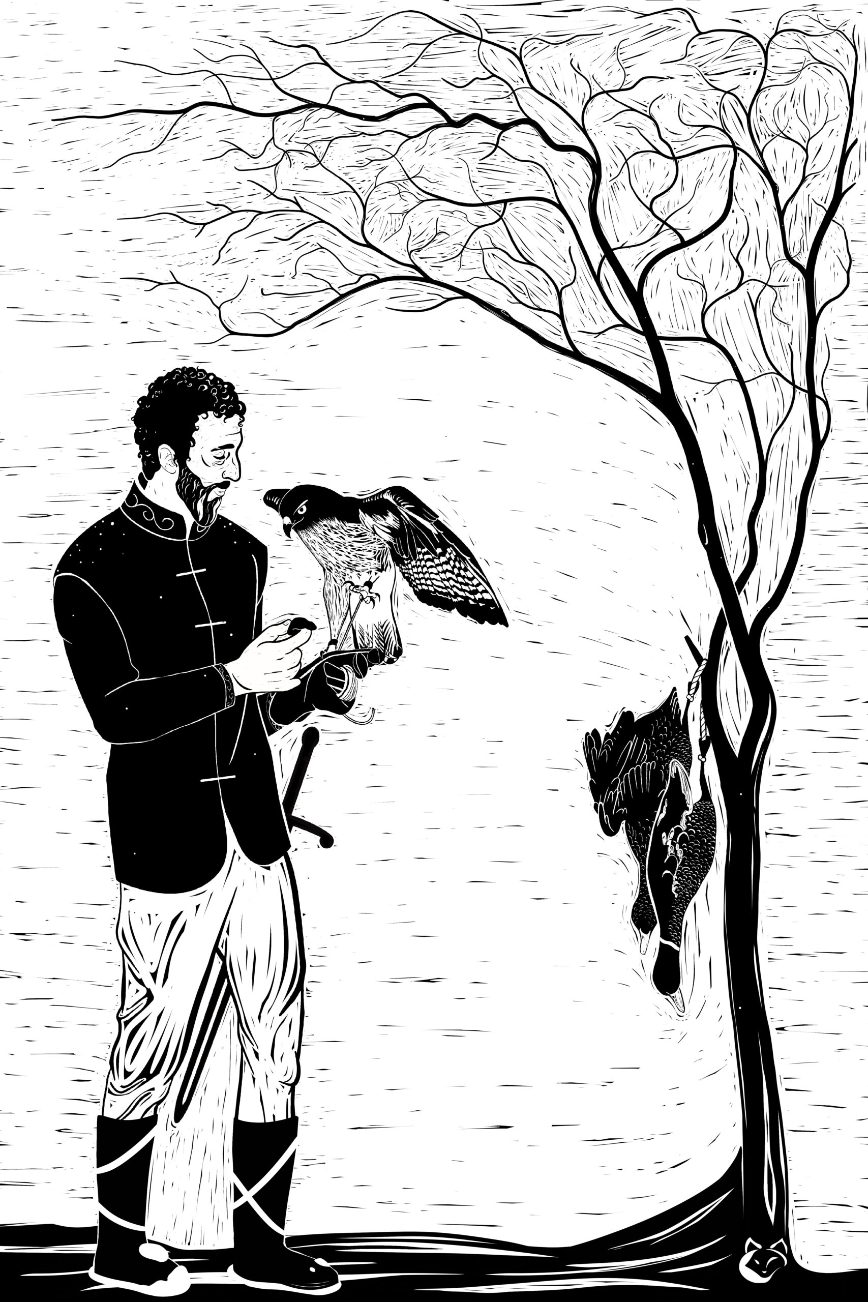 man hunting with falcon for ducks