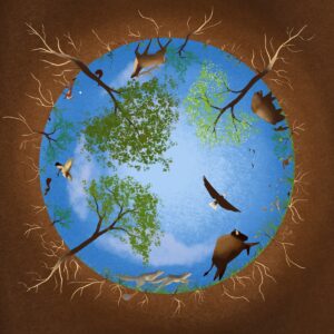 a stylized painting of the earth as a globe with forest life