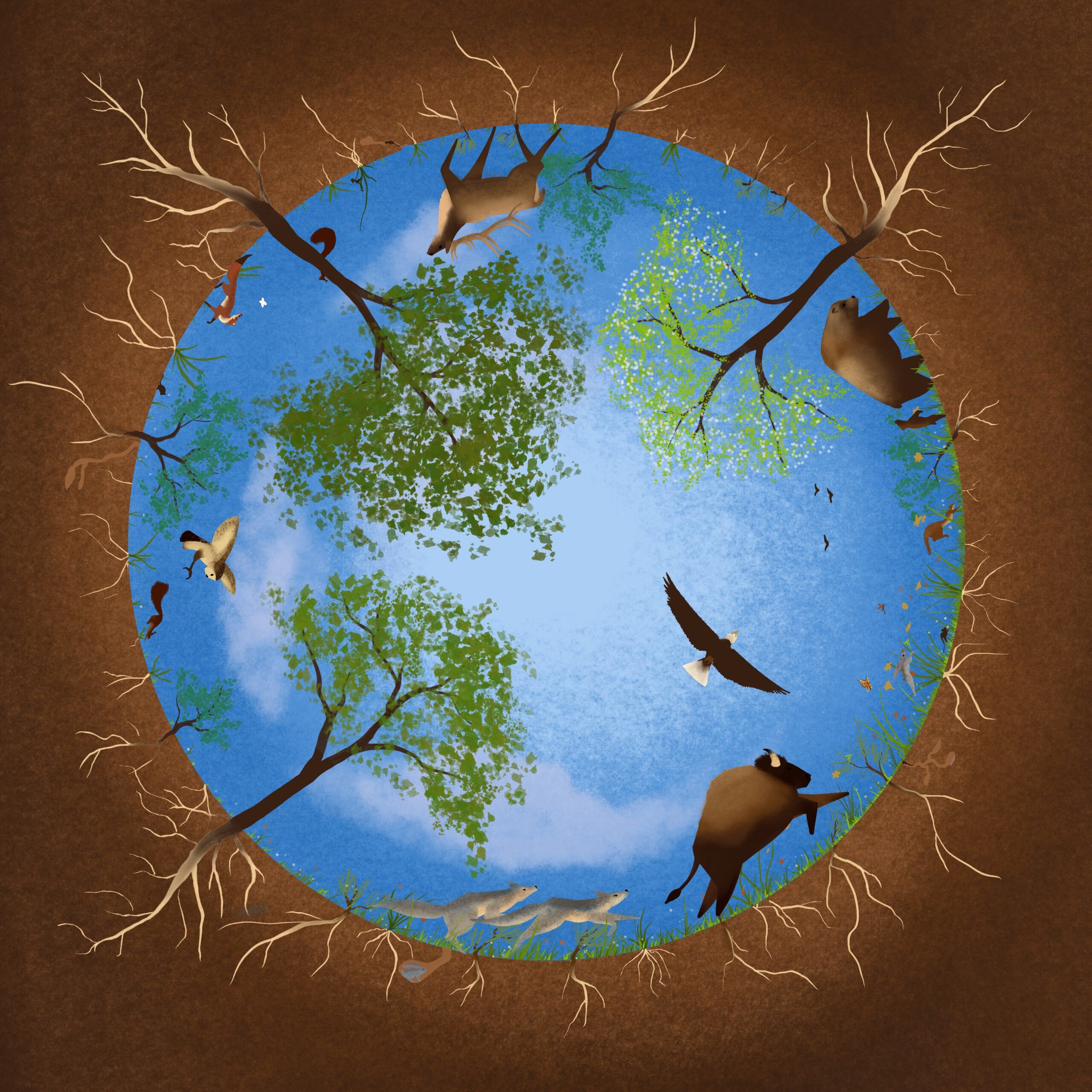 a stylized painting of the earth as a globe with forest life