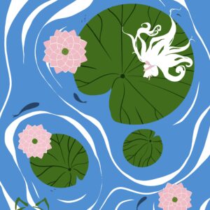 a small woman sleeping on a water lily