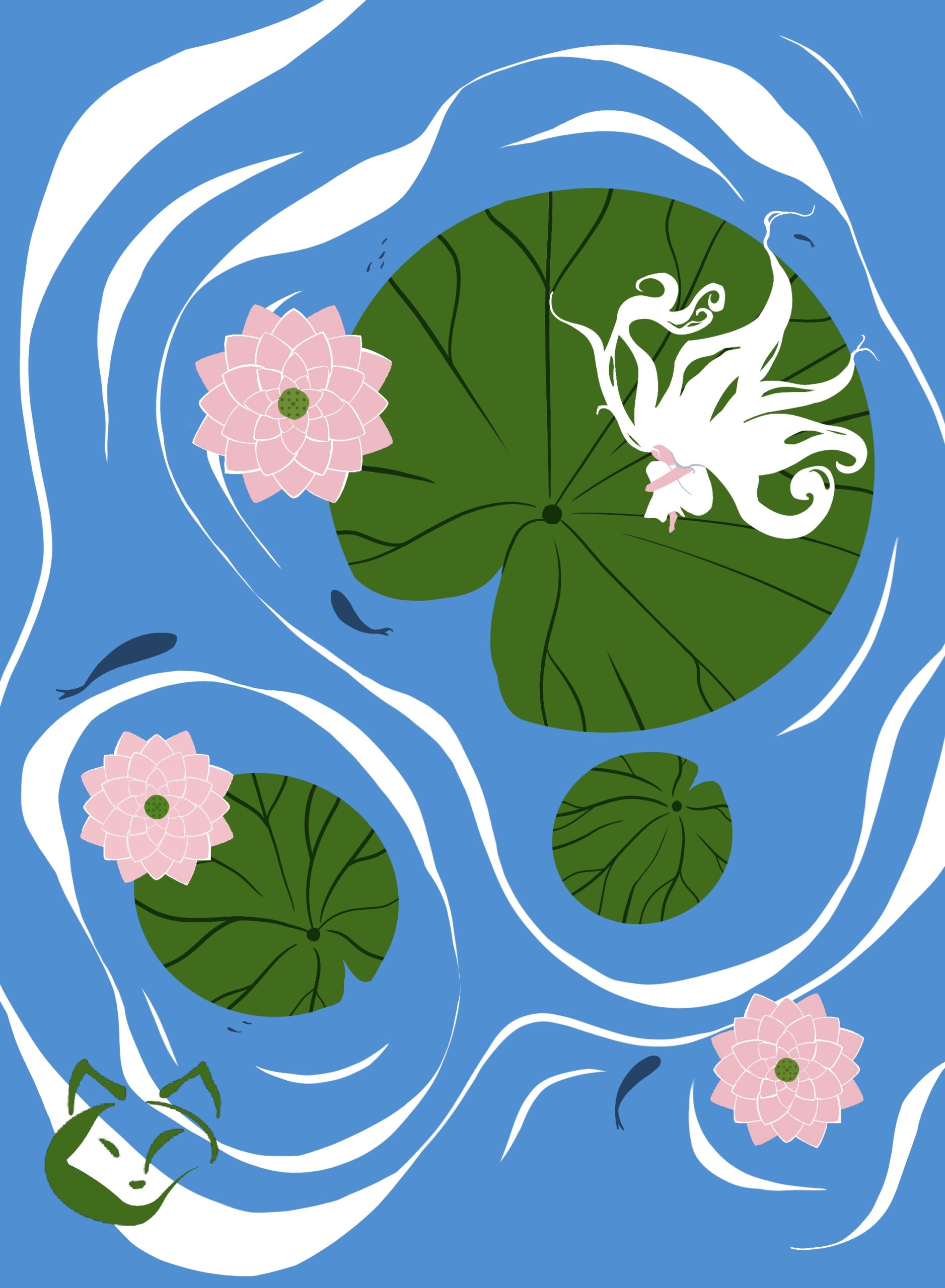 a small woman sleeping on a water lily